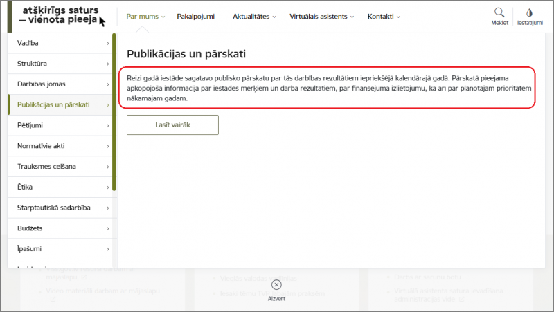 Ievadteksts vietnes izvēlnē