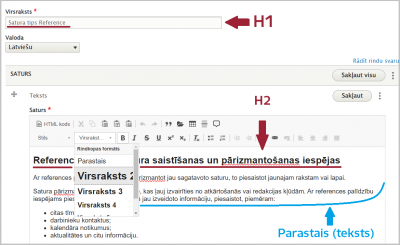 Virsrakstu līmeņu ievērošana mājaslapā