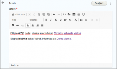 Ārējās saites iestatījumu pievienošana
