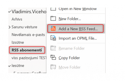 RSS pievienošana e-pastam